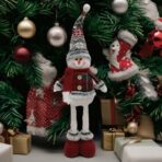 Figurina Decorativa, Pentru Craciun, Embo, Om de Zapada, Picioare Telescopice, Inaltime Reglabila 44-54cm, Caciula cu Fugi, Rosu/Gri