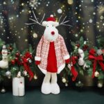 Figurina Decorativa, Pentru Craciun, Embo, Ren, Picioare Telescopice, Inaltime Reglabila 42 - 80 cm, cu Haina, Alb/Rosu