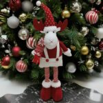 Figurina Decorativa, Pentru Craciun, Embo, Ren, Picioare Telescopice, Inaltime Reglabila 44-54cm, Caciula cu Inimioare, Alb/Rosu