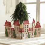 Decoratiune de Craciun, Embo, Model Orasel de Craciun pentru Brad, in stil European, Pliabil din Lemn, 57 x 20 cm, Maro Natur Rosu - imagine 6