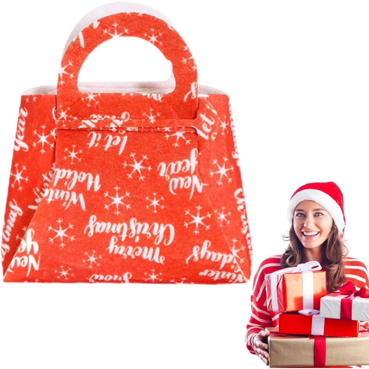 Geanta pentru Copii, Embo, Pliabila, pentru Cadouri de Craciun, din Panza Netesuta, Merry Christmas, 13 x 12 x 6 cm, Rosu - imagine 3