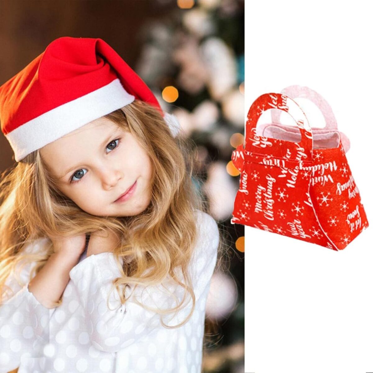 Geanta pentru Copii, Embo, Pliabila, pentru Cadouri de Craciun, din Panza Netesuta, Merry Christmas, 13 x 12 x 6 cm, Rosu - imagine 6