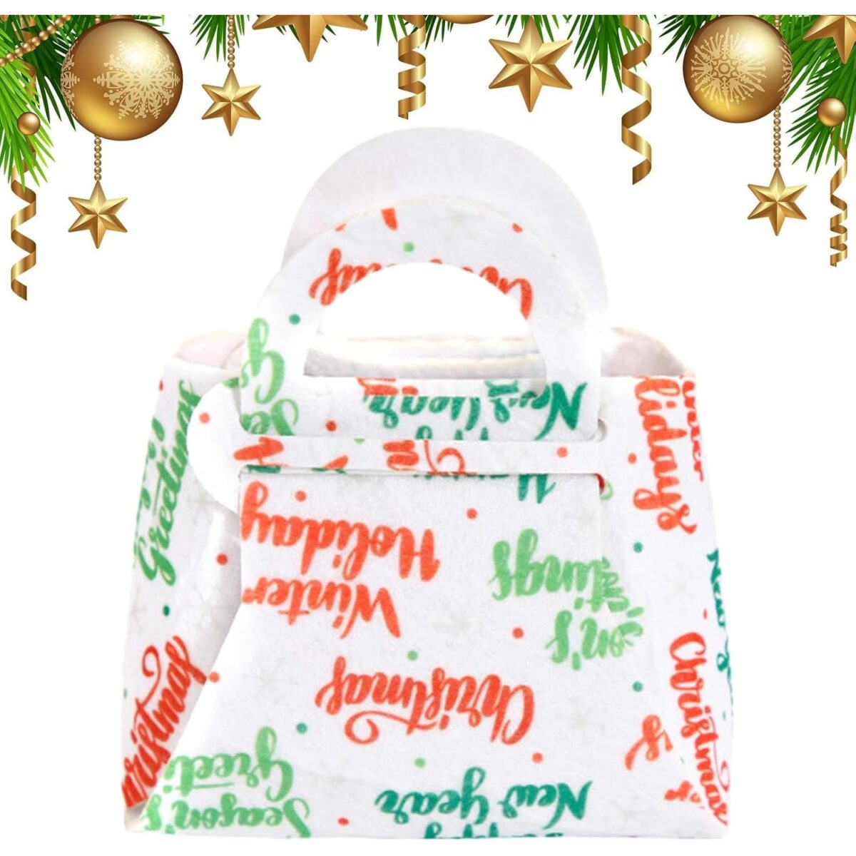 Geanta pentru Copii, Embo, Pliabila, pentru Cadouri de Craciun, din Panza Netesuta, Mesaje de Craciun, 13 x 12 x 6 cm, Alb - imagine 2