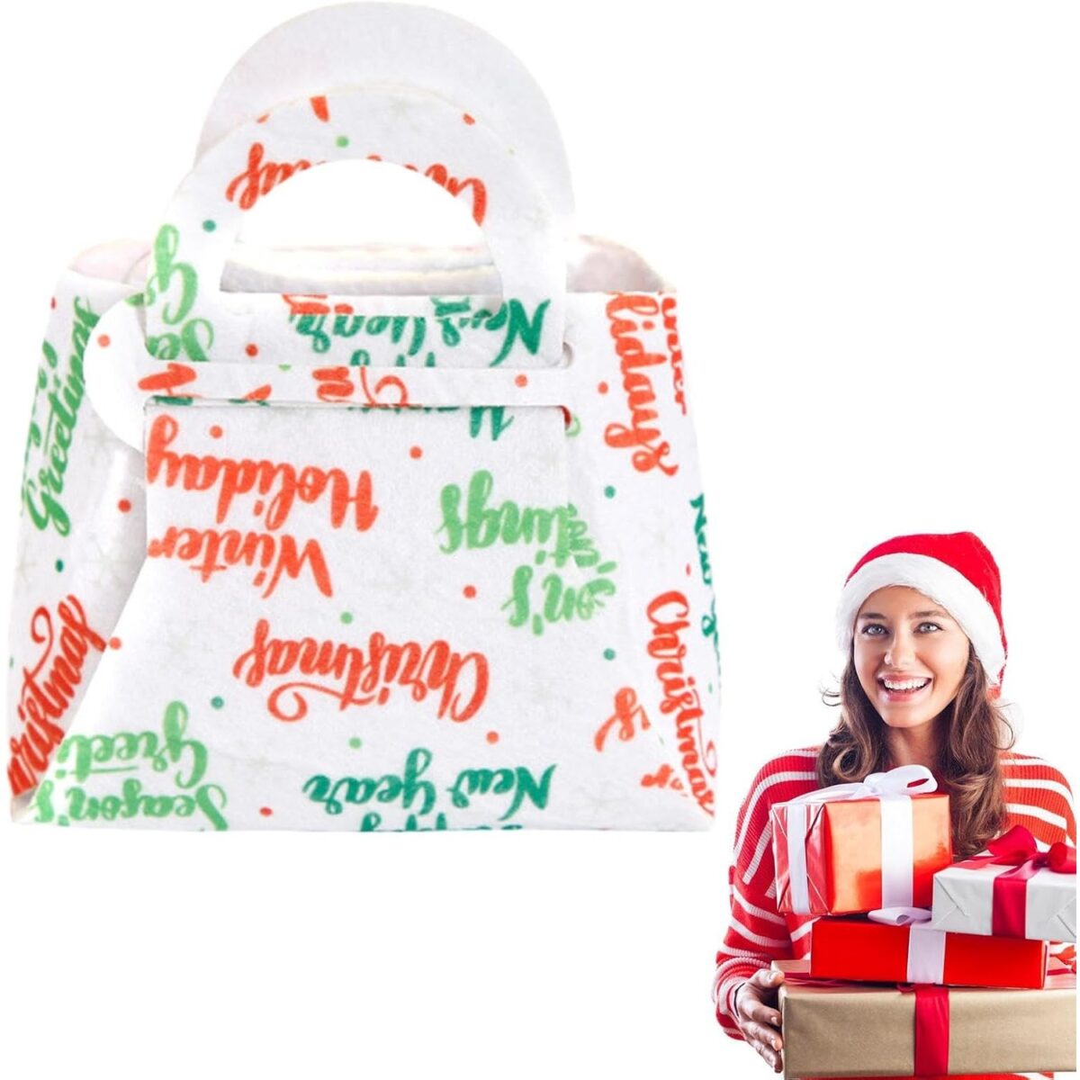 Geanta pentru Copii, Embo, Pliabila, pentru Cadouri de Craciun, din Panza Netesuta, Mesaje de Craciun, 13 x 12 x 6 cm, Alb - imagine 6