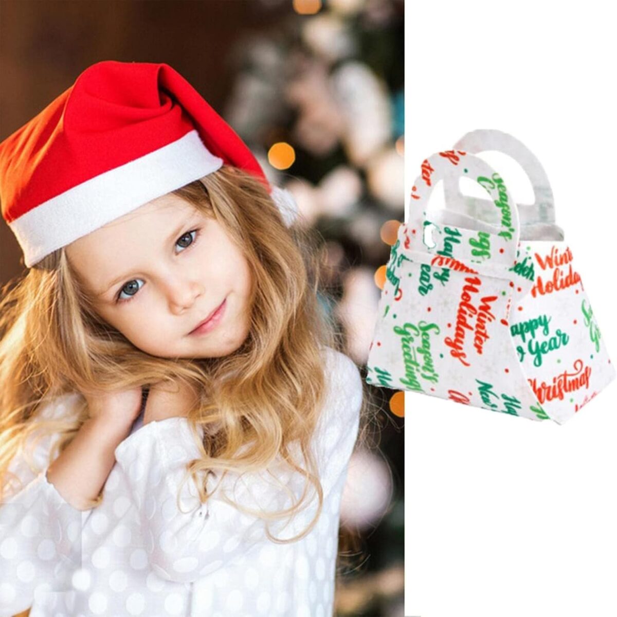 Geanta pentru Copii, Embo, Pliabila, pentru Cadouri de Craciun, din Panza Netesuta, Mesaje de Craciun, 13 x 12 x 6 cm, Alb - imagine 8