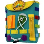 Ghiozdan Montessori, Embo, pentru Copii 2-6 ani, Fidget Pop, cu Catarame si Fermoare, Jucarii Senzoriale, Activitate de Invatare prin Joc, Turcoaz, 0.25 kg, 28x10x23 cm