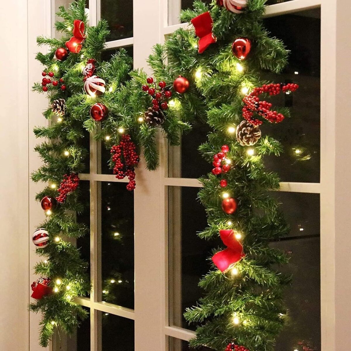 Ghirlanda de Craciun, Embo, din Brad Artificial cu Decoratiuni, cu Baterii, 50 LED-uri, 270 cm, Verde - imagine 5