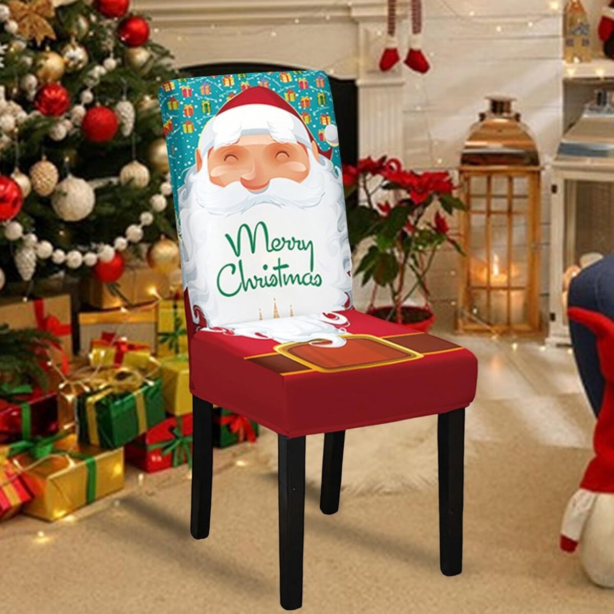 Husa pentru scaun, Embo, Tematica Craciun, Model 3 Merry Christmas, Alb/Albastru - imagine 2