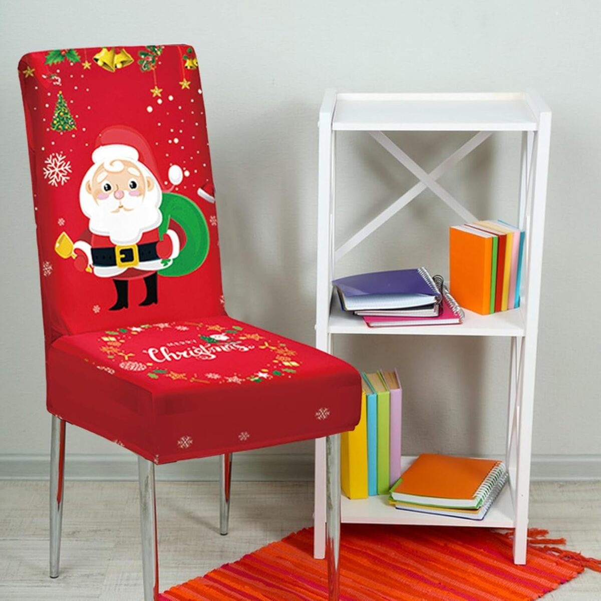 Husa pentru scaun, Embo, Tematica Craciun, Model 4 Mos Craciun cu Sacul, Rosu - imagine 3