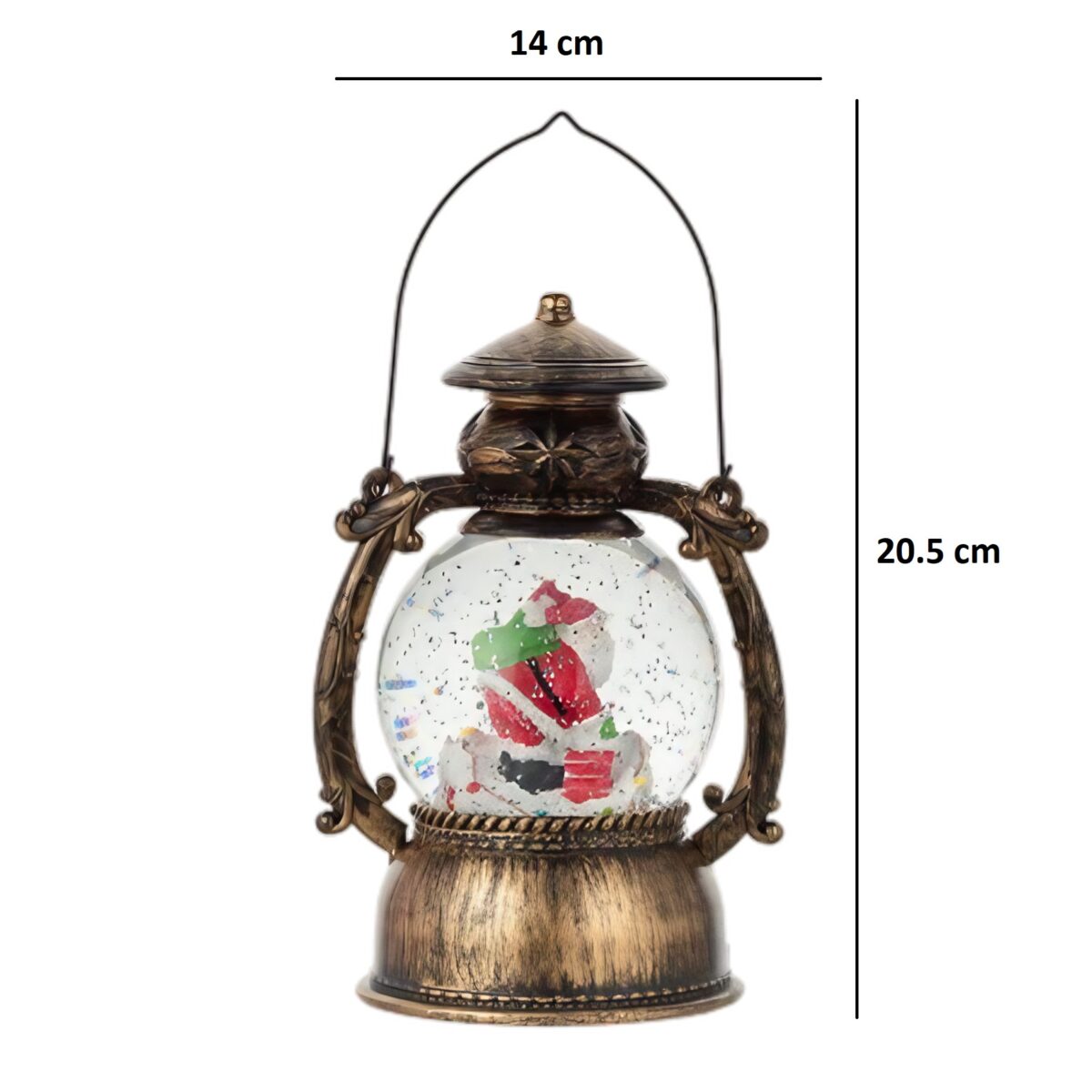 Decoratiune Craciun, Tip Felinar, Figurine Mos Craciun pe Cos, 3 Moduri, Functie Muzicala, Zapada in Miscare, Functioneaza Cu Baterii ( 3 x AA neincluse), Cablu USB (Inclus), Model Vintage Negru - Auriu, 14 x 11 x 20.5 cm, Alb Cald - imagine 2