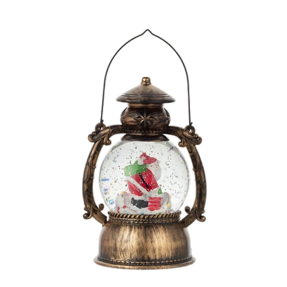 Decoratiune Craciun, Tip Felinar, Figurine Mos Craciun pe Cos, 3 Moduri, Functie Muzicala, Zapada in Miscare, Functioneaza Cu Baterii ( 3 x AA neincluse), Cablu USB (Inclus), Model Vintage Negru - Auriu, 14 x 11 x 20.5 cm, Alb Cald - imagine 4