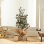 Decoratiune Craciun pentru Masa, Embo, Ornament de Decor Model Brad de Craciun de Dimensiuni Mici cu Fulgi Albi, pentru Birou si Interior, din Plastic Calitativ 20 cm, Verde Alb - imagine 3