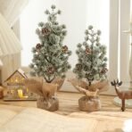 Decoratiune Craciun pentru Masa, Embo, Ornament de Decor Model Brad de Craciun de Dimensiuni Mici cu Fulgi Albi, pentru Birou si Interior, din Plastic Calitativ 20 cm, Verde Alb - imagine 5