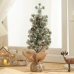 Decoratiune Craciun pentru Masa, Embo, Ornament de Decor Model Brad de Craciun de Dimensiuni Mici cu Fulgi Albi, pentru Birou si Interior, din Plastic Calitativ 27 cm, Verde Alb - imagine 3