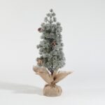 Decoratiune Craciun pentru Masa, Embo, Ornament de Decor Model Brad de Craciun de Dimensiuni Mici cu Fulgi Albi, pentru Birou si Interior, din Plastic Calitativ 27 cm, Verde Alb