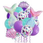 Baloane decorative Aqua Sirene, Embo, Set MIX 22 baloane, din folie de alumiu, 2 Sirene, 2 Scoici, 18 baloane din latex, 50 x 85 cm Adeziv si pai inclus, Mov Multicolor