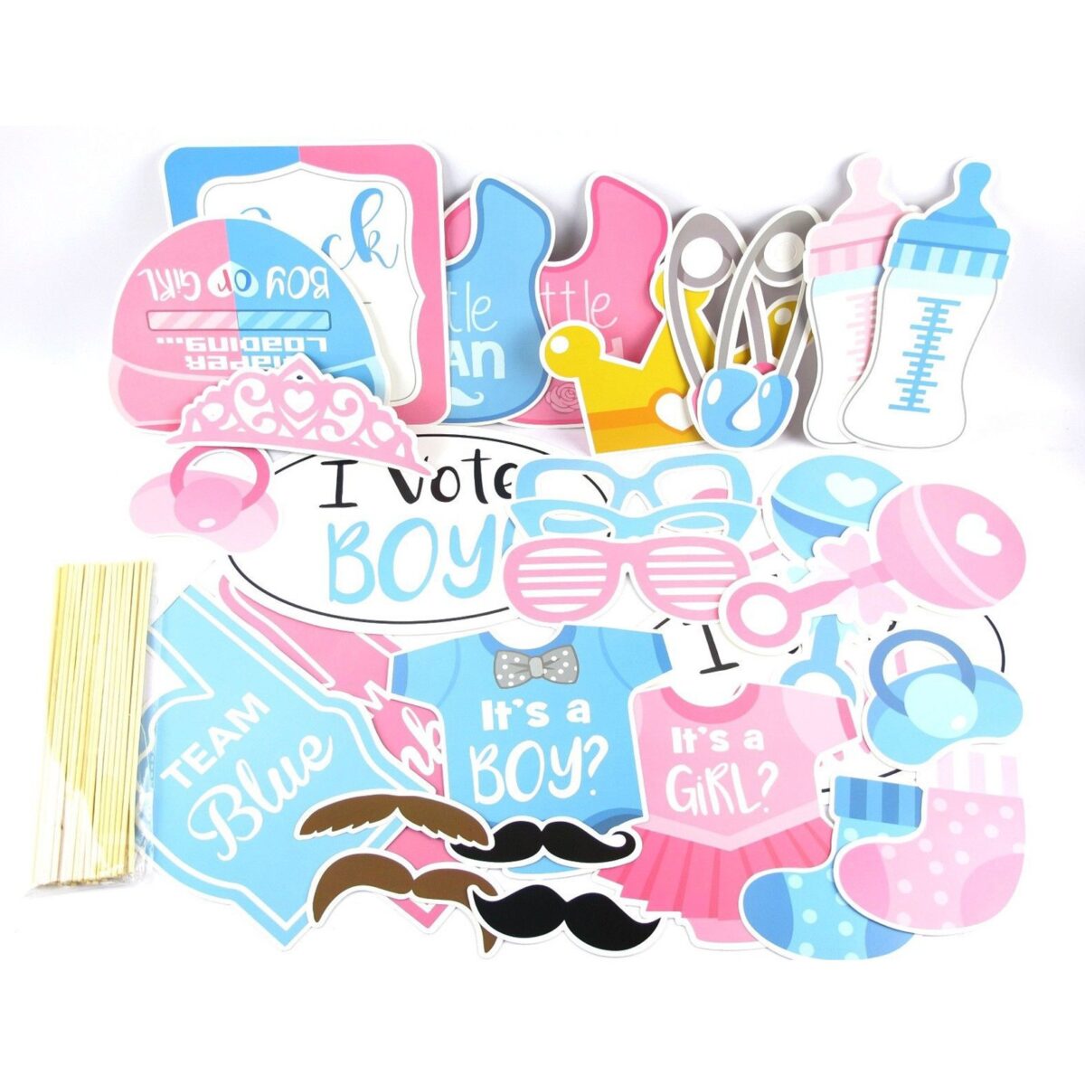 Set 30 de Accesorii pentru Petrecere, Embo, Props pentru Coltul de Poze, Gender Reveal, Tematica Baby Shower, Albastru-Roz - imagine 2