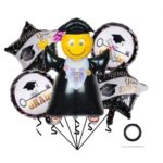 Baloane cu tematica Absolvire, Embo, set din 5 baloane, 1 Figurina Absolventa, 2 stele, 2 rotunde, din folie de aluminiu, 70 x 40 cm, Aer si Heliu, Alb Negru