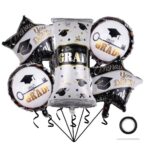 Baloane cu tematica Absolvire, Embo, set din 5 baloane, 1 Figurina Diploma, 2 stele, 2 rotunde, din folie de aluminiu, 70 x 40 cm, Aer si Heliu, Alb Negru