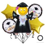 Baloane cu tematica Absolvire, Embo, set din 5 baloane, 1 Figurina Absolventa, 2 stele, 2 rotunde, din folie de aluminiu, 70 x 40 cm, Aer si Heliu, Auriu Negru
