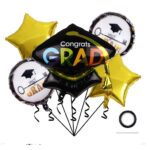 Baloane cu tematica Absolvire, Embo, set din 5 baloane, 1 Figurina Toca, 2 stele, 2 rotunde, din folie de aluminiu, 70 x 40 cm, Aer si Heliu, Auriu Negru