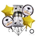 Baloane cu tematica Absolvire, Embo, set din 5 baloane, 1 Figurina Diploma, 2 stele, 2 rotunde, din folie de aluminiu, 70 x 40 cm, Aer si Heliu, Auriu Negru