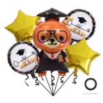 Baloane cu tematica Absolvire, Embo, set din 5 baloane, 1 Figurina Ursulet, 2 stele, 2 rotunde, din folie de aluminiu, 70 x 40 cm, Aer si Heliu, Auriu Negru