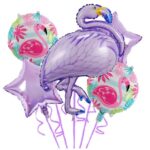 Baloane aniversare Flamingo Party, Embo, din Folie de aluminiu si Latex, set din 5 baloane, 1 Flamingo, 2 Stele, 2 rotunde, 60 x 90 cm, Adeziv si pai inclus  Mov