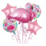 Baloane aniversare Flamingo Party, Embo, din Folie de aluminiu si Latex, set din 5 baloane, 1 Flamingo, 2 Stele, 2 rotunde, 60 x 90 cm, Adeziv si pai inclus Rose