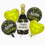 Baloane pentru aniversare, Embo, tematica Happy Birthday, set 5 baloane, 1 Sticla Sampanie 103 x 94 cm, 2 inimi, 2 rotunde, din folie de aluminiu, pai de carton inclus, Negru Auriu