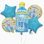 Baloane decorative GENDER REVEAL PARTY, Embo, Figurina Sticluta, Model IT'S A BOY, Set din 5 baloane, 40 x 77 cm, pentru Botez, Albastru