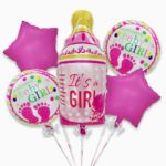 Baloane decorative GENDER REVEAL PARTY, Embo, Figurina Sticluta, Model IT'S A GIRL, Set din 5 baloane, 40 x 77 cm, pentru Botez, Roz