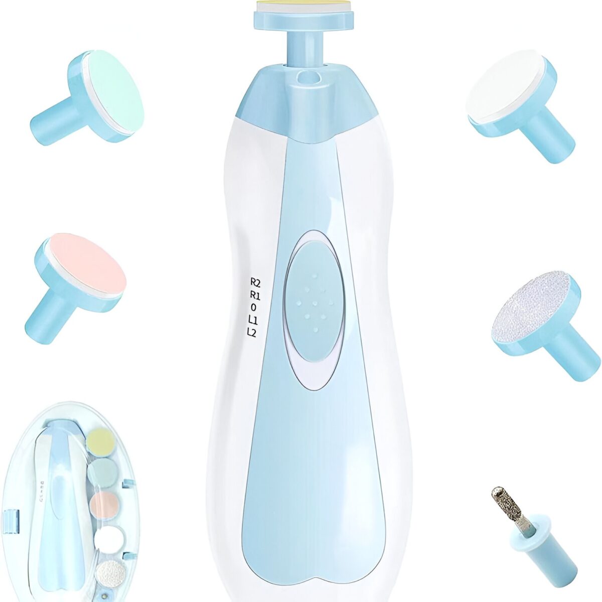 Set Pila Electrica pentru Copii si Bebelusi, Embo, ABS, 6 Accesorii, cu Lumina LED, Albastru Alb - imagine 4