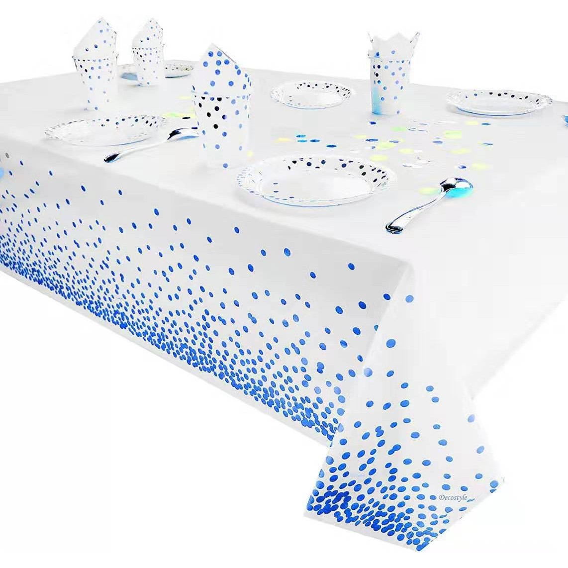 small-polka-dot-disposable-tablecloth-printed-blue-polka-dots-main-6672312e6fffb.jpg Fata de Masa, Embo, din PEVA, Imprimeu Buline, 137 x 274 cm, Impermeabila, Fara Pete, Curatare Rapida, Albastru - imagine 1