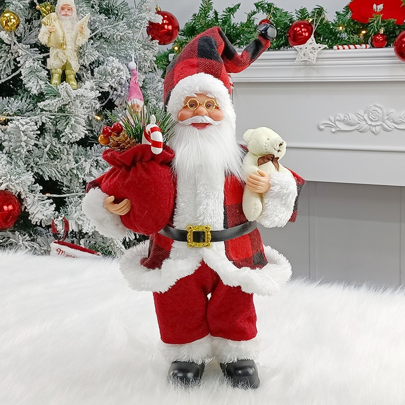 standing-elderly-and-children-gift-ornaments-12-inch-black-and-red-plaid-main-664579162df9c.jpg Figurina Decorativa Craciun, Embo, Mos Craciun cu Urs de Plus, 30 x 10 x 17 cm, Material Plastic+Textil, Interior/Exterior, Alb/Rosu - imagine 3