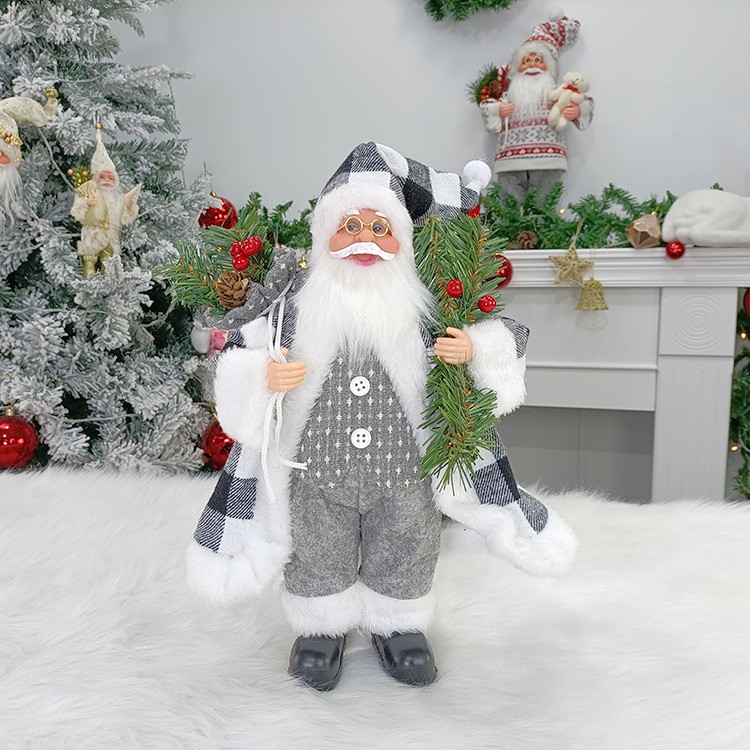 standing-elderly-and-children-gift-ornaments-12-inches-black-and-white-plaid-main-664578d10975b.jpg Figurina Decorativa Craciun, Embo, Mos Craciun cu Crenguta de Brad, 30 x 10 x 17 cm, Material Plastic+Textil, Interior/Exterior, Alb/Gri - imagine 5