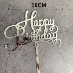 Decoratiune Topper pentru Tort, Embo, Model Happy Birthday, Tematica Aniversare, 10 cm, Argintiu - imagine 2