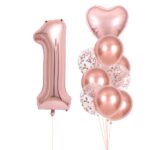 Set 10 Baloane Folie si Latex, Embo, Tematica Aniversare, Baloane Latex 25cm, Figurina Inimioara 45 cm, Cifra 1 de 81 cm, Ambalaj Individual, Pai Inclus, Umflare cu Aer sau Heliu, Roz Pal