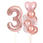 Set 10 Baloane Folie si Latex, Embo, Tematica Aniversare, Baloane Latex 25cm, Figurina Inimioara 45 cm, Cifra 3 de 81 cm, Ambalaj Individual, Pai Inclus, Umflare cu Aer sau Heliu, Roz Pal