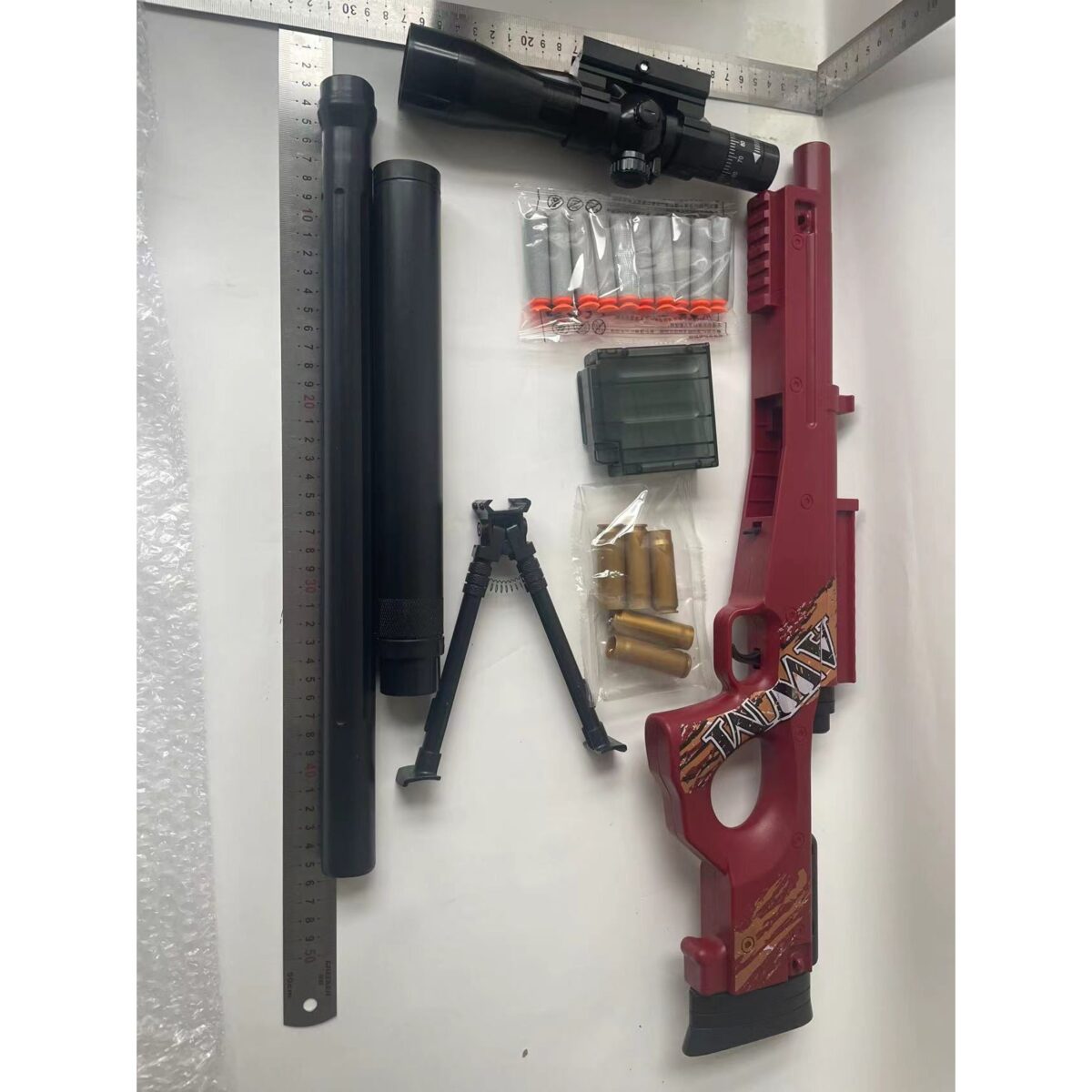 Pusca de Jucarie AWM Ultrarealista, Embo, Manuala, cu Luneta, 10 de Proiectile din Spuma Moale, 5 Cartuse, 106 cm, 14 ani+, Rosu - imagine 2