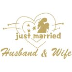 Sticker Autocolant, Embo, Tematica Nunta, Model Indragostiti, cu Scris Just Married Husband&Wife, 21x29 cm, Auriu - imagine 3