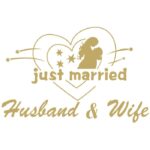 Sticker Autocolant, Embo, Tematica Nunta, Model Indragostiti, cu Scris Just Married Husband&Wife, 21x29 cm, Auriu