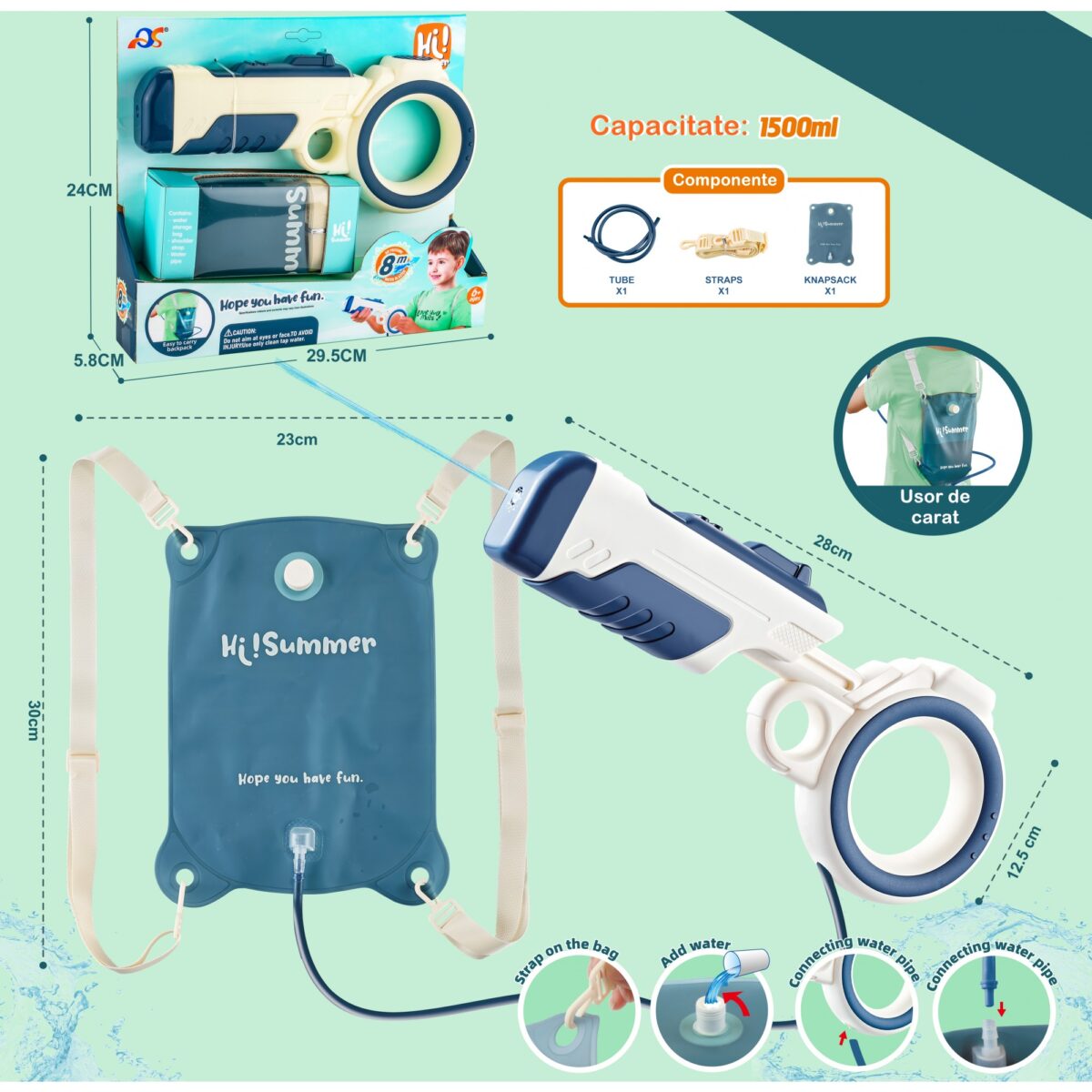 Pistol cu apa pentru copii Embo, rezervor tip ghiozdan, 1500 ml, reglabil, material ABS/silicon, distanta improscare 8 metri, tragaci cu presiune, 12.5 x 28 cm, albastru - imagine 5