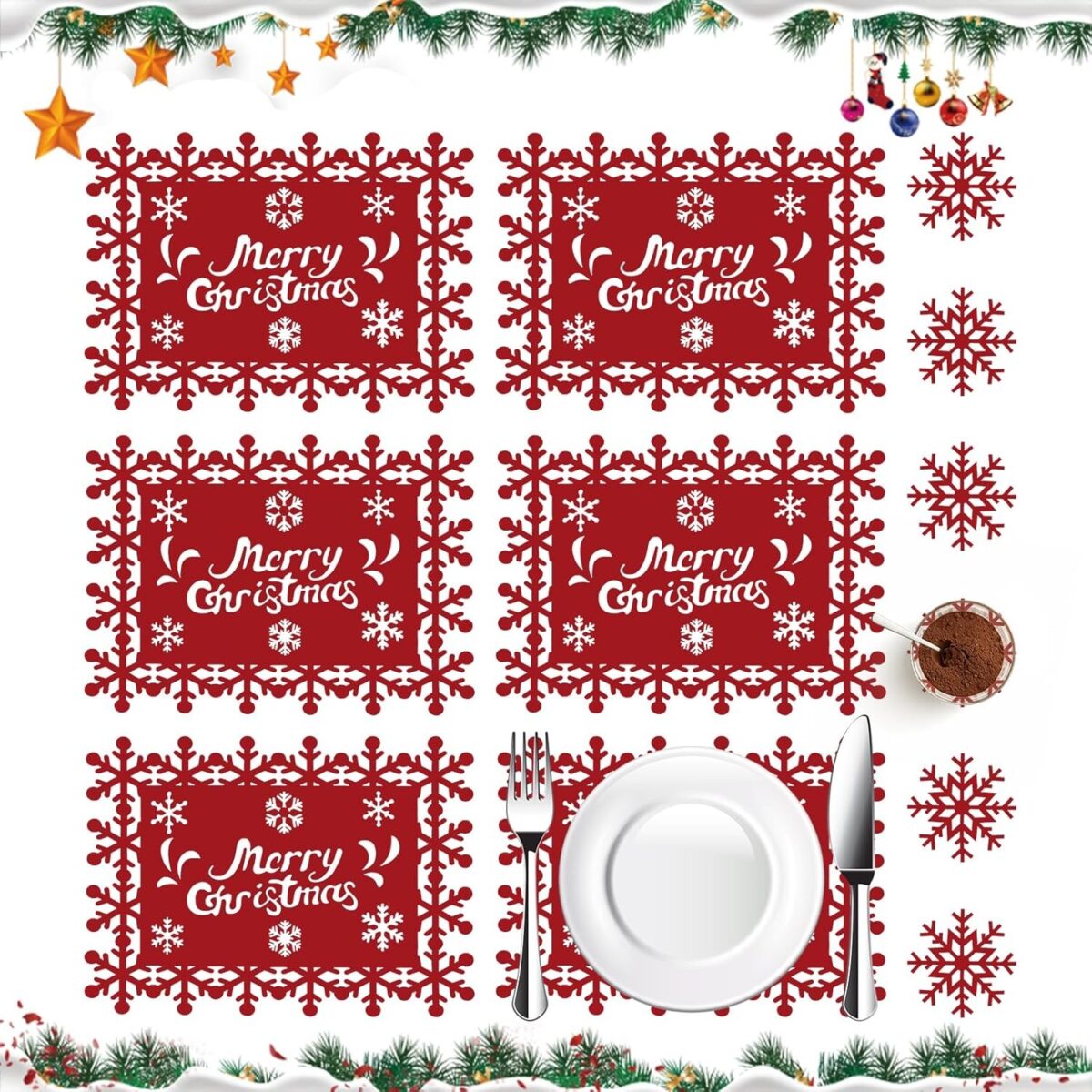 Set 12 Servete pentru Masa si Suporturi de Pahare/Tacamuri, Embo, Scris Merry Christmas, 6 Servete 25x35 cm, 6 Suporturi de 10x10 cm, Rosu - imagine 3