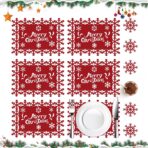 Set 12 Servete pentru Masa si Suporturi de Pahare/Tacamuri, Embo, Scris Merry Christmas, 6 Servete 25x35 cm, 6 Suporturi de 10x10 cm, Rosu - imagine 3