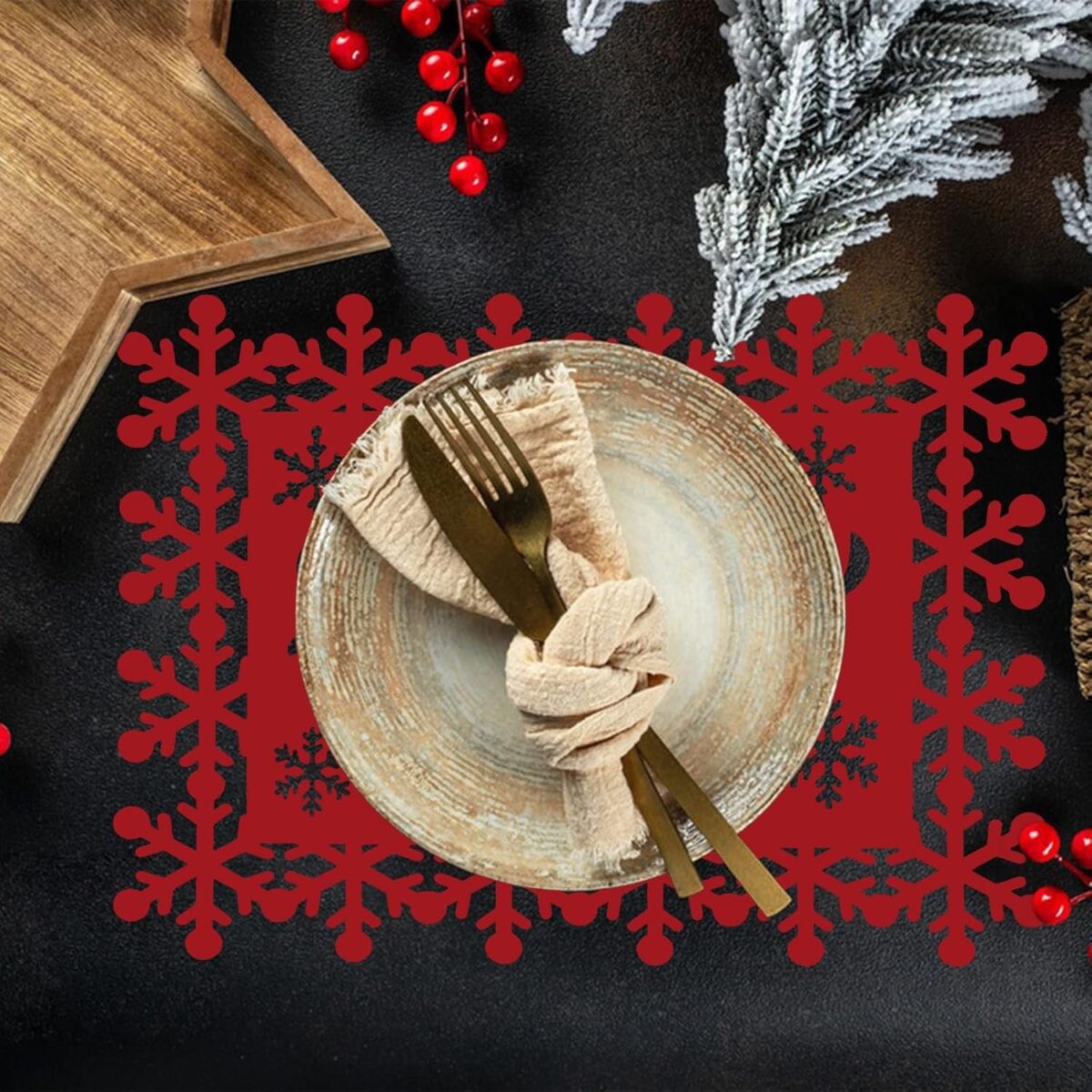 Set 12 Servete pentru Masa si Suporturi de Pahare/Tacamuri, Embo, Scris Merry Christmas, 6 Servete 25x35 cm, 6 Suporturi de 10x10 cm, Rosu - imagine 6