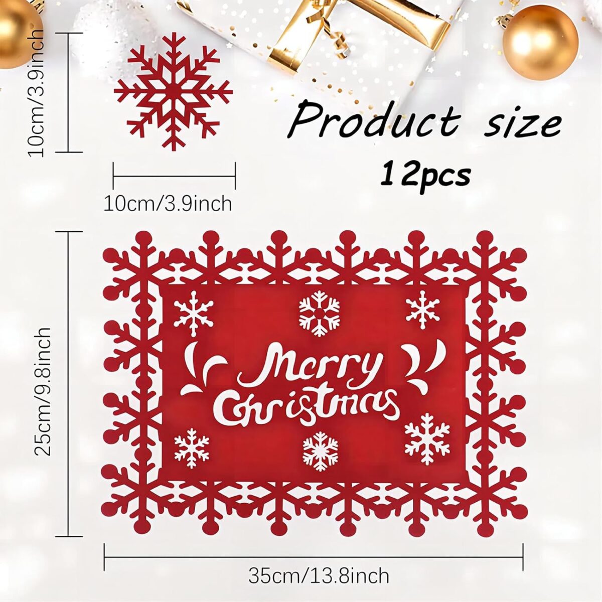 Set 12 Servete pentru Masa si Suporturi de Pahare/Tacamuri, Embo, Scris Merry Christmas, 6 Servete 25x35 cm, 6 Suporturi de 10x10 cm, Rosu - imagine 7