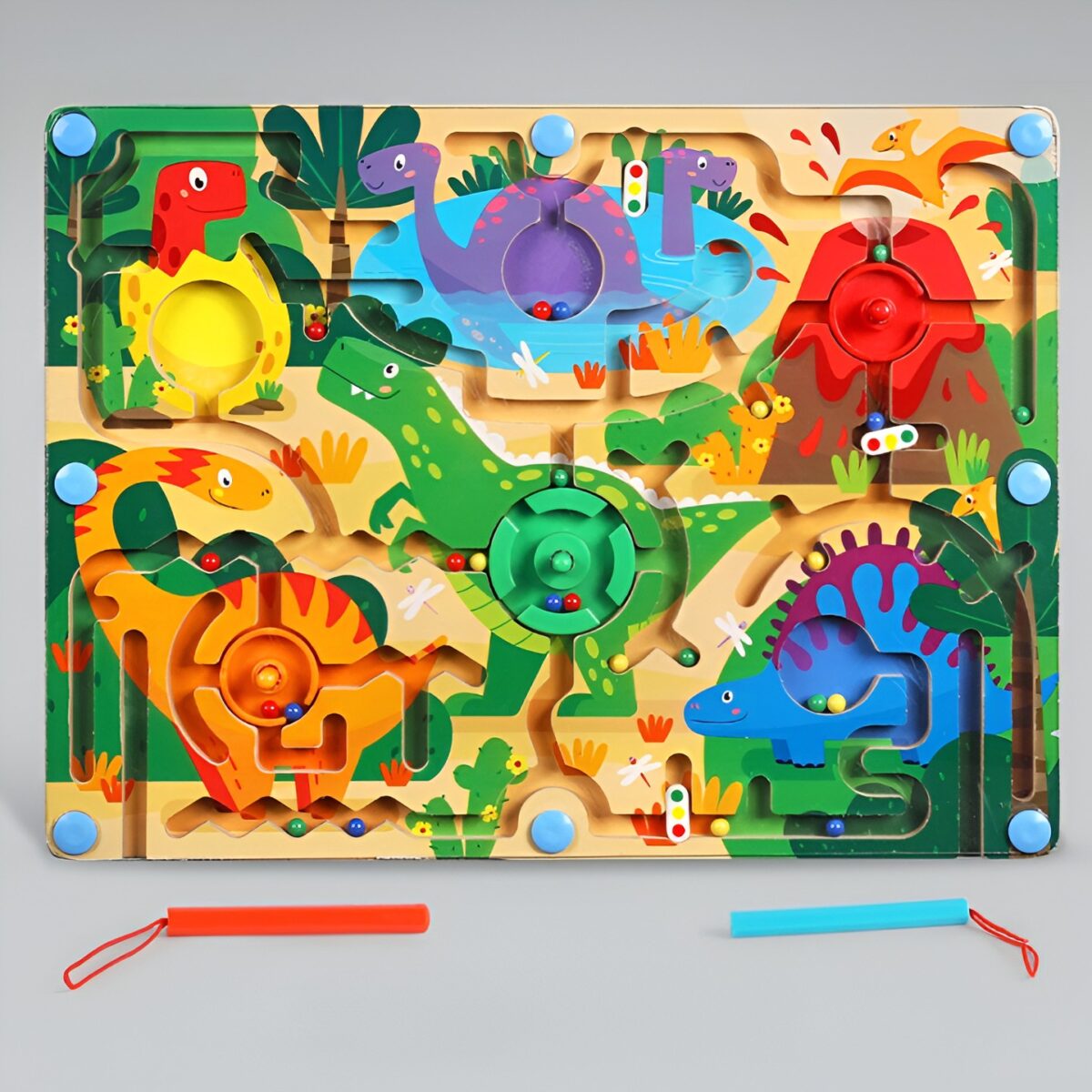 Joc Montessori de Sortare Culori, Embo, Creion Magnetic, Tip Labirint Ilustrat, din Lemn, Model Dinozauri, 39x29x1.5 cm - imagine 3