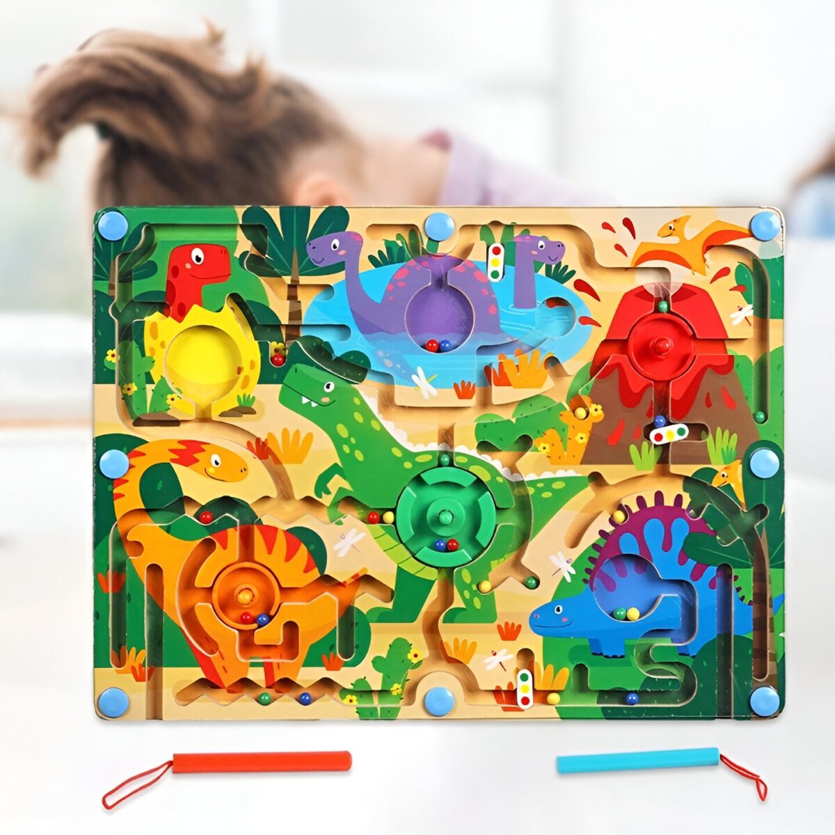 Joc Montessori de Sortare Culori, Embo, Creion Magnetic, Tip Labirint Ilustrat, din Lemn, Model Dinozauri, 39x29x1.5 cm - imagine 6