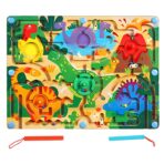 Joc Montessori de Sortare Culori, Embo, Creion Magnetic, Tip Labirint Ilustrat, din Lemn, Model Dinozauri, 39x29x1.5 cm